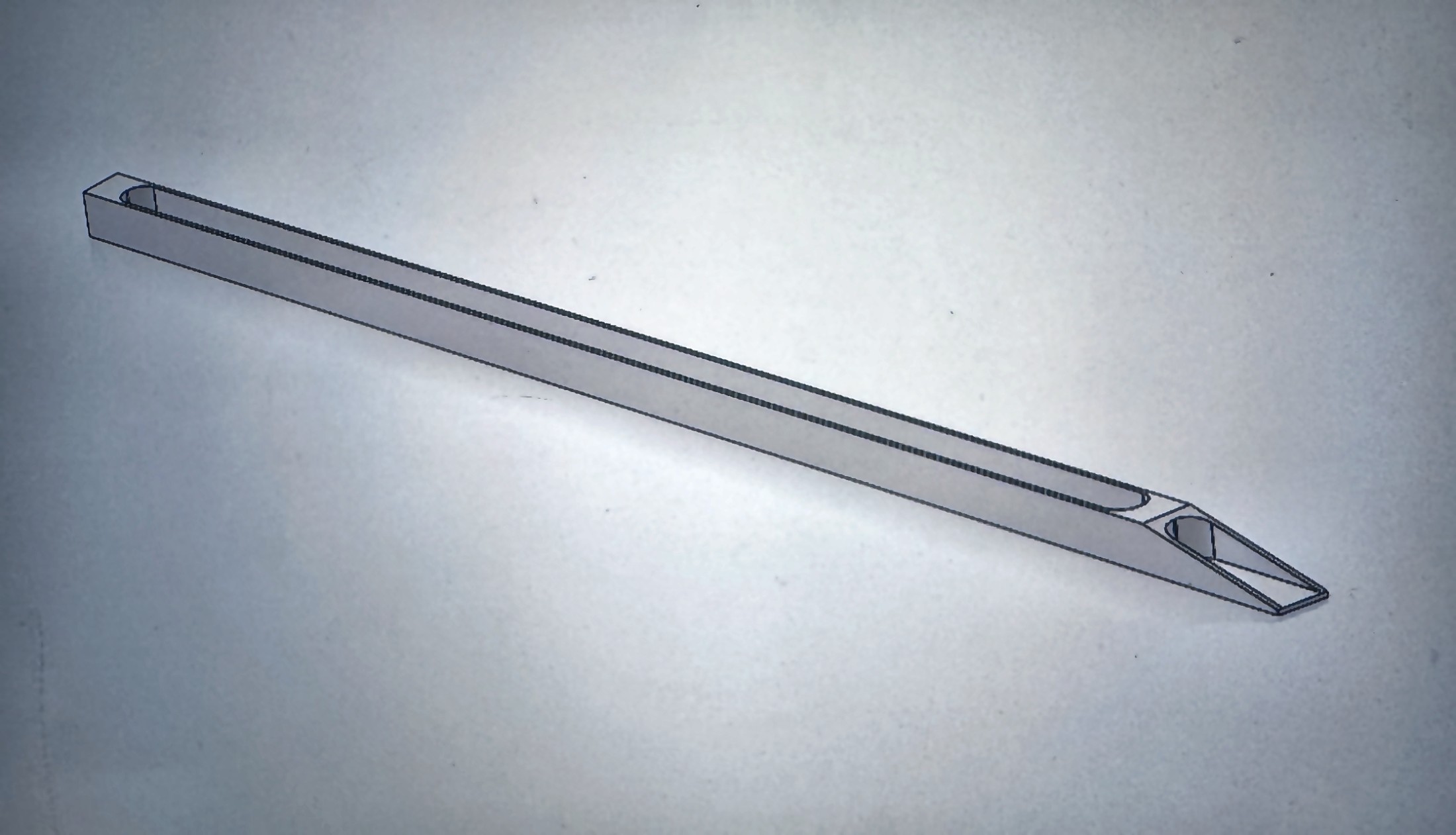SolidWorks model of a slender machined guitar truss rod, tapered from a square shank to a pointed tip